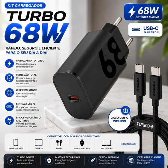{ORIGINAL} KIT Carregador Super Turbo 125W E 68W CABO + FONTE Duo USB-C Celular Android