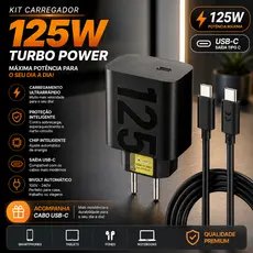Kit Carregador Turbo 68W E 125W Fonte + Cabo USB-C Tipo C Carregamento Rápido Para Celular Android