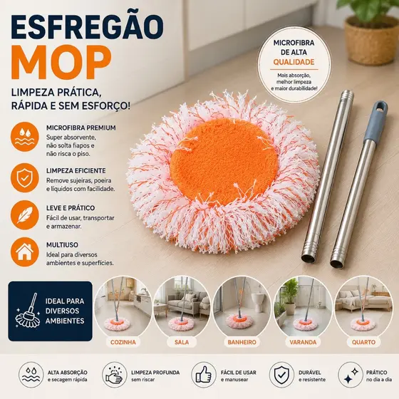 Esfregão Mop de Microfibra com Cabo Extensível Multiuso para Limpeza de Piso Casa Banheiro Cozinha