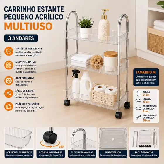 Carrinho Multiuso Acrílico Transparente 3 Andares com Rodinhas