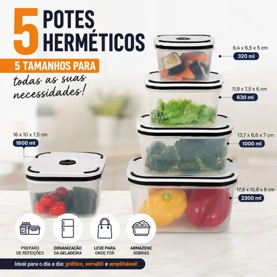 Kit 4/5 Potes Herméticos De Plástico Com Tampa De Vedação Uso Em Freezer E Micro-ondas.