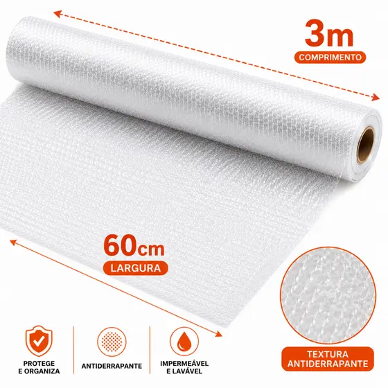 Forro Antiderrapante 60cm x 3m Impermeável Para Gaveta Armário Lavável Recortável