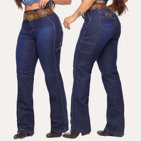 Calça Country Carpinteira Feminina Jeans Rodeio Levanta Bumbum