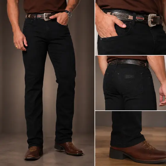 Calça Jeans Masculina Country Preta Premium Tradicional Com Elastano Cowboy Rodeio Boiadeiro Agro Sertaneja Casual