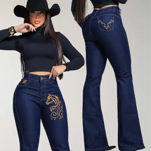 Calça Jeans Country Feminina Bordada Flare Com Elastano Rodeio