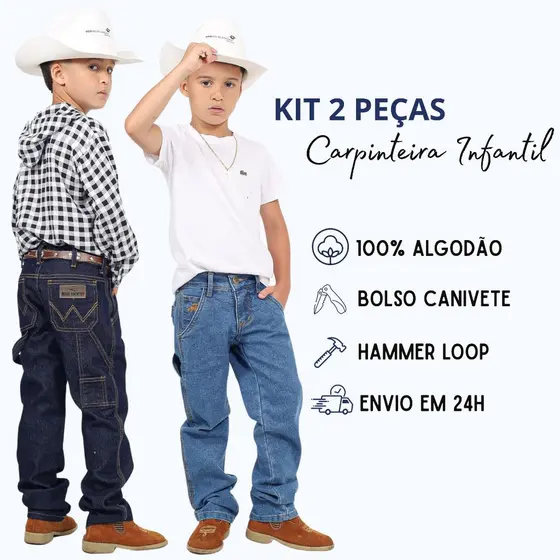 Kit 2 Carpinteiras Infantis Masculinas Jeans Cowboy Country