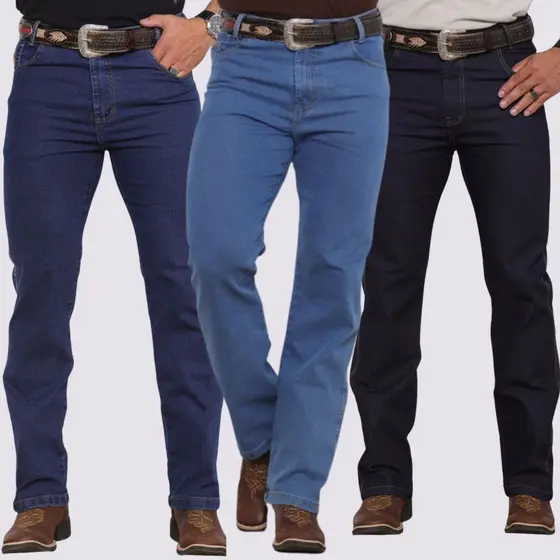 Kit 3 Calça Tradicional Country Masculina Preta Média Clara Estilo Rodeio Calça Com Elastano Cowboy
