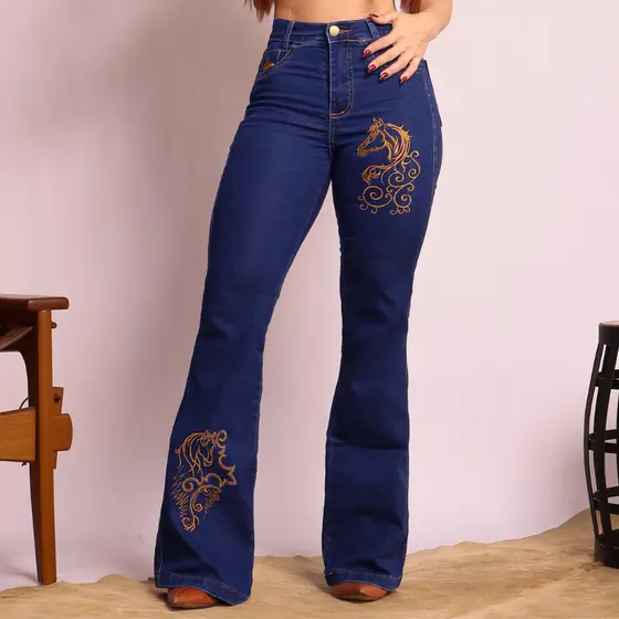 Calça Country Feminina Flare Jeans Bordada Boiadeira Cintura Alta Empina Bumbum Elastano Lycra