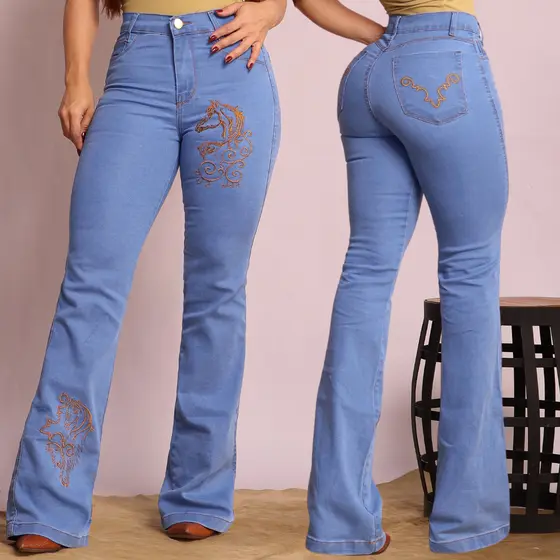 Calça Feminina Country Jeans Cós Alto Com Elastano Lycra