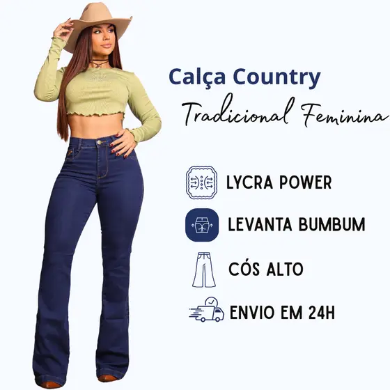 Calça Country Flare Jeans Feminina Linha Premium Cintura Alta com Lycra Rodeio Vaquejada