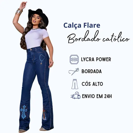 Calça Jeans Feminina Flare Country Cós e Cintura Alta Levanta Bumbum Contry Lycra Elastano Bolsos