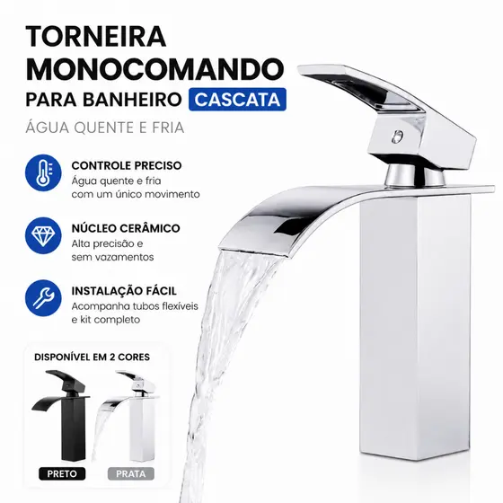 Torneira para Banheiro Monocomando Cascata Misturador Água Quente e Fria