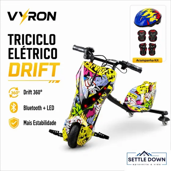 VYRON Triciclo Elétrico Drift 250W Bluetooth LED Rodas 6.5 e 8 Polegadas Infantil e Adulto