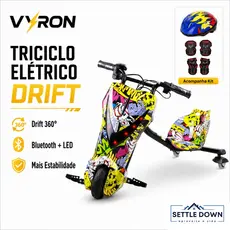 VYRON Triciclo Elétrico Drift 250W Bluetooth LED Rodas 6.5 e 8 Polegadas Infantil e Adulto
