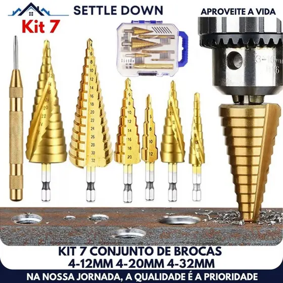 Kit 7 Brocas Escalonadas Titânio Para Aço Com Broca Corte Lateral Punção e Estojo