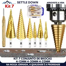 Kit 7 Brocas Escalonadas Titânio Para Aço Com Broca Corte Lateral Punção e Estojo