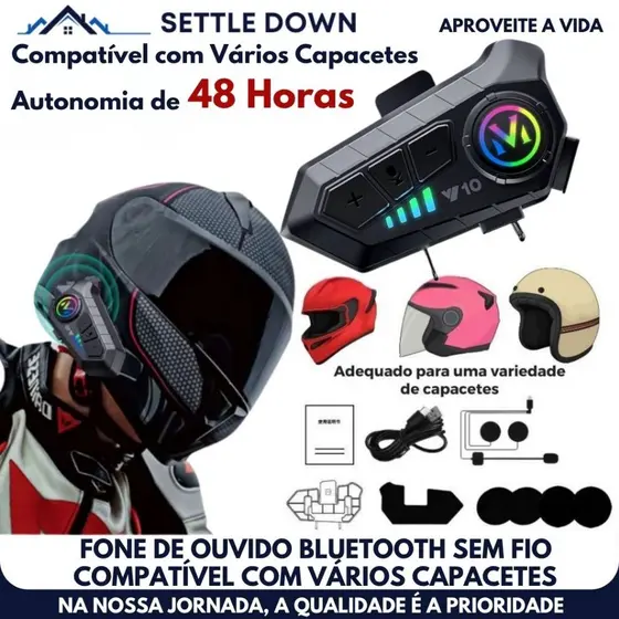 Fone de Ouvido Bluetooth Sem Fio Y10 para Moto - Bluetooth 5.3, Kit Capacete, Intercomunicador e Impermeável