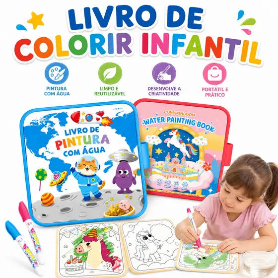 Livro Mágico de Colorir com Água Infantil 10 páginas com Água Reutilizável com Caneta Mágica