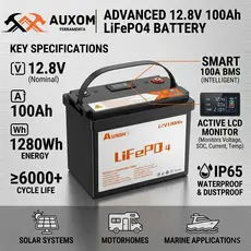Bateria 12V 100Ah LiFePO4 Recarregável BMS Inteligente 100A ≥6000 Ciclos | Solar, Motorhome, Náutica