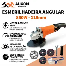 Angle Grinder 850W 115mm Profissional 6 Velocidades Kit Completo 220V Multiuso Corte Polimento Lixamento