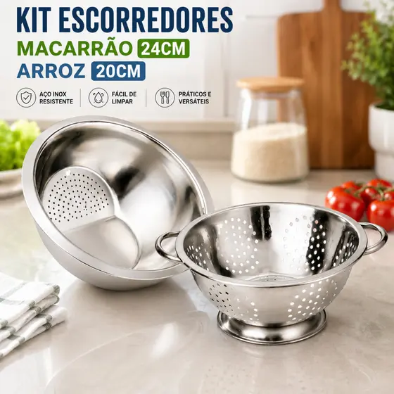 Kit Escorredor INOX Massa + Escorredor de Arroz Utensílios de Cozinha