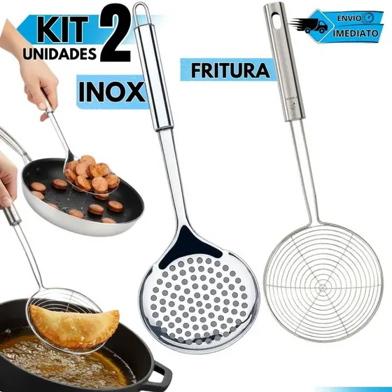 Kit 2 Escumadeiras Inox Cozinha + Fritura Aço Inoxidável Aramada Resistente