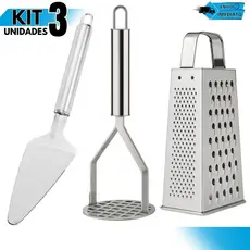 Kit 3 Utensílios de Cozinha Inox – Amassador de Batata + Espátula de bolo + Ralador Multiuso