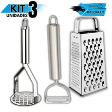 Kit 3 Utensílios Inox Cozinha Amassador de Batata Ralador e Descascador