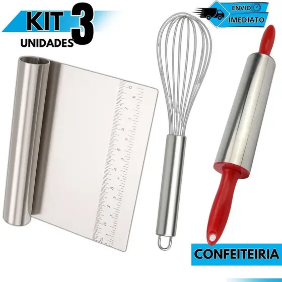 Kit Confeitaria Fouet Batedor Ovos Rolo de Massa Espátula Reta Raspadora Cozinha