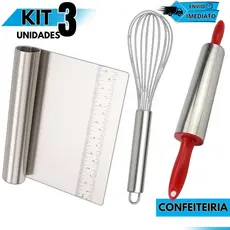 Kit Confeitaria Fouet Batedor Ovos Rolo de Massa Espátula Reta Raspadora Cozinha