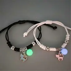 Kit 2 Pulseiras de Casal com Pingentes – Estrela, Gato, Coração, Cruz, Flor e Chave – Unissex