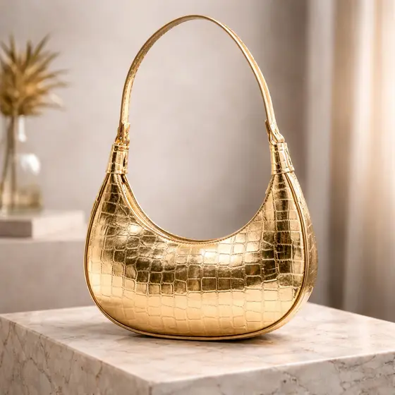 Bolsa Feminina Dourada Metalizada Croco Shoulder Bag Luxo Moderna Elegante Premium Fashion
