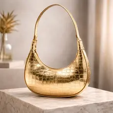 Bolsa Feminina Dourada Metalizada Croco Shoulder Bag Luxo Moderna Elegante Premium Fashion