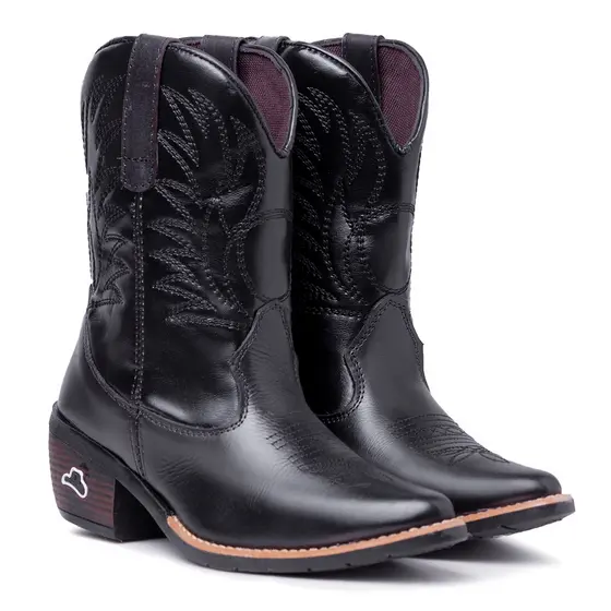 Bota Feminina Estilo Country em Couro Legítimo com Bordado Bico Fino Solado Costurado 6758