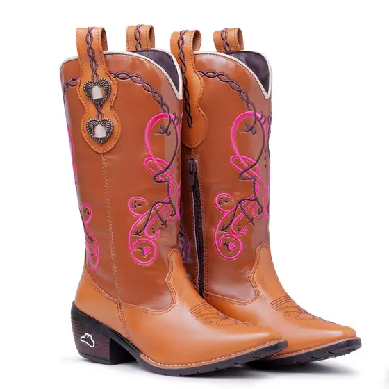 Bota Country Feminina Whisky em Couro Legítimo Cano Bordado Estilo Texana Mustang