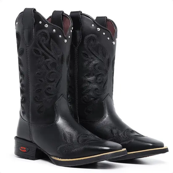 Bota Country Feminina Couro Preto com Strass Bordado Estilo Texano Cowboy Cano Alto Ref 6145