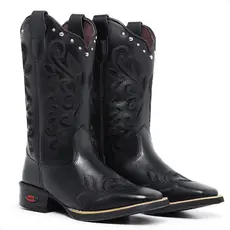Bota Country Feminina Couro Preto com Strass Bordado Estilo Texano Cowboy Cano Alto Ref 6145