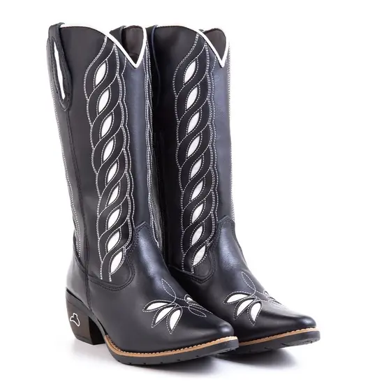 Bota Country Feminina Texana Couro Legítimo Premium Bordada Brilho Bico Fino Estilo Rodeio Luxo