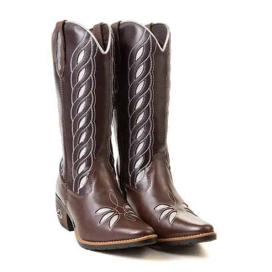 Bota Country Feminina Texana Café com Bordado Prateado – Conforto e Estilo para Rodeio e Festa