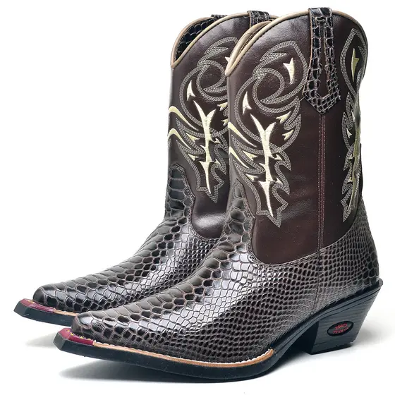 Bota Country Masculina Couro Jacaré Café Cano Longo Cowboy Bico Quadrado Solado Costurado