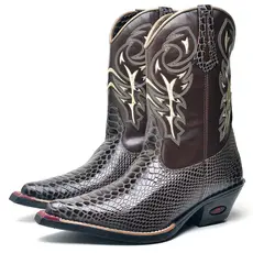 Bota Country Masculina Couro Jacaré Café Cano Longo Cowboy Bico Quadrado Solado Costurado
