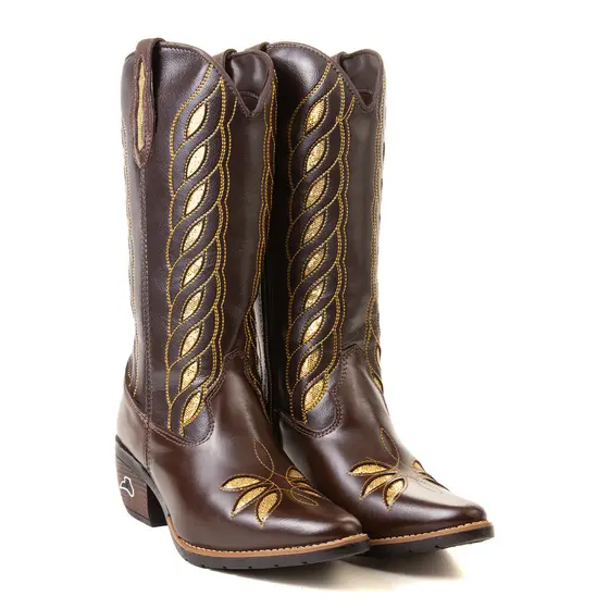 Bota Country Texana Feminina Couro Bordada Bico Fino Cano Alto Branca Café Sertaneja Festa