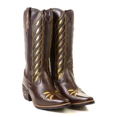 Bota Country Texana Feminina Couro Bordada Bico Fino Cano Alto Branca Café Sertaneja Festa