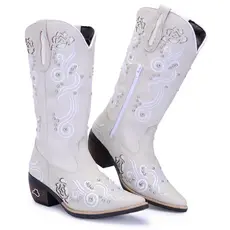 Bota Montaria Country Feminina Gelo Couro Texana Bordada Bico Fino Zíper Conforto