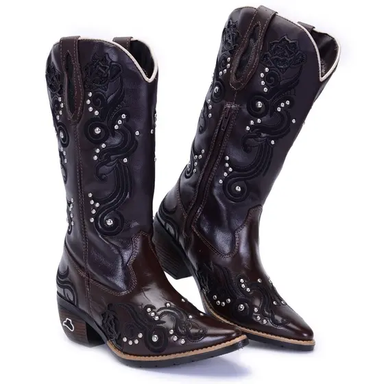 Bota Montaria Country Feminina Café Couro Texana Bordada Bico Fino Zíper Rodeio Vaquejada Conforto