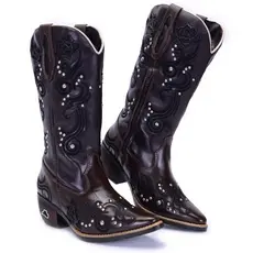 Bota Montaria Country Feminina Café Couro Texana Bordada Bico Fino Zíper Rodeio Vaquejada Conforto