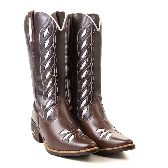 Bota Country Feminina Couro Legítimo Café Prata Cano Longo Bordada Bico Fino Luxo Moda