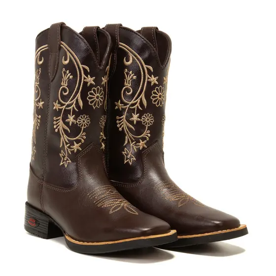 Bota Country Texana Feminina Couro Café Bordada Bico Quadrado Cano Alto Sertaneja Vaquejada