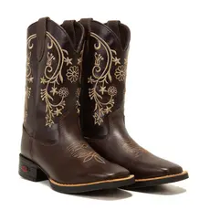 Bota Country Texana Feminina Couro Café Bordada Bico Quadrado Cano Alto Sertaneja Vaquejada
