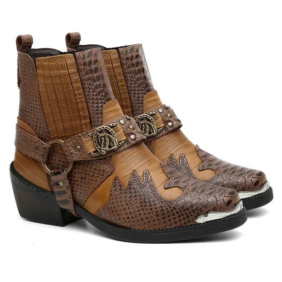 Bota Country Masculina Cano Curto Couro Fivela Biker Texana Western Rodeio Moto Estilosa